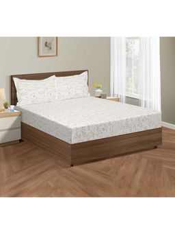 Swayam - Floral 210 Tc King Fitted Bedsheet With 2 Pillow Cover White