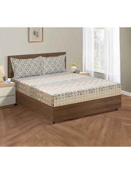 Swayam - Geometric 210 Tc King Fitted Bedsheet With 2 Pillow Cover Beige
