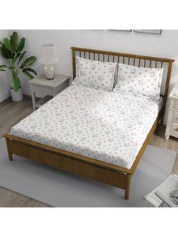 Swayam - Floral 300 Tc King Fitted Bedsheet With 2 Pillow Cover White