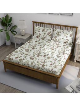 Swayam - Floral 300 Tc King Fitted Bedsheet With 2 Pillow Cover White