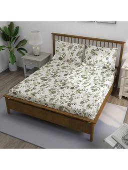 Swayam - Floral 300 Tc King Fitted Bedsheet With 2 Pillow Cover Green