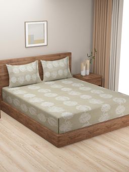 Swayam - Floral 210 Tc King Fitted Bedsheet With 2 Pillow Cover Beige