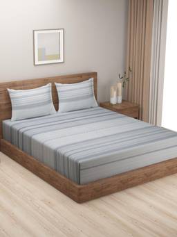 Swayam - Geometric 210 Tc King Fitted Bedsheet With 2 Pillow Cover Grey