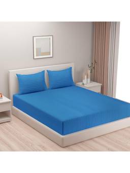 Swayam - Solid 300 Tc King Fitted Bedsheet With 2 Pillow Cover Blue
