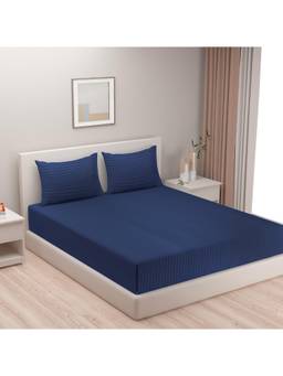 Swayam - Solid 300 Tc King Fitted Bedsheet With 2 Pillow Cover Navy Blue