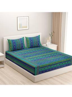 Swayam - Abstract 210 Tc King Fitted Bedsheet With 2 Pillow Cover Blue