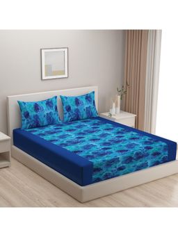 Swayam - Floral 210 Tc King Fitted Bedsheet With 2 Pillow Cover Blue