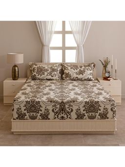 Swayam - Ethnic 144 Tc King Fitted Bedsheet With 2 Pillow Cover Brown