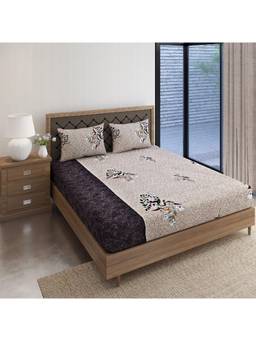 Swayam - Floral 170 Tc King Fitted Bedsheet With 2 Pillow Cover Beige