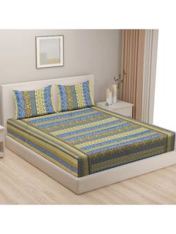 Swayam - Floral 170 Tc King Fitted Bedsheet With 2 Pillow Cover Multi-Color