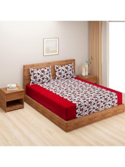 Swayam - Floral 170 Tc King Fitted Bedsheet With 2 Pillow Cover Red
