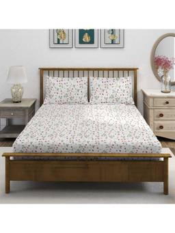 Swayam - Floral 170 Tc King Fitted Bedsheet With 2 Pillow Cover White