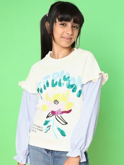 Nautinati - Girls Graphic Printed Top with Striped Sleeves