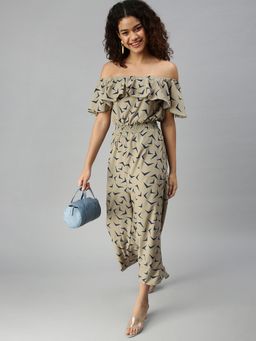 SHOWOFF - Women Taupe Printed Off Shoulder Jumpsuit