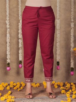 ARAMYA - Maroon Soft Cotton Solid Pant for Women