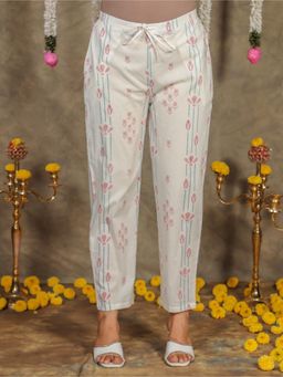 ARAMYA - Off White Soft Cotton Geometric Pant for Women