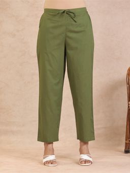 ARAMYA - Green Soft Cotton Solid Pant for Women