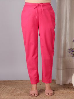 ARAMYA - Pink Linen Cotton Solid Pant for Women
