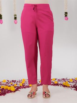 ARAMYA - Pink Linen Cotton Solid Pant for Women