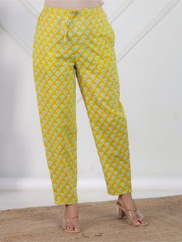 ARAMYA - Lemon Yellow Soft Cotton Floral Pant for Women