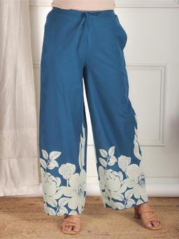 ARAMYA - Blue Soft Cotton Placement Print Palazzo for Women