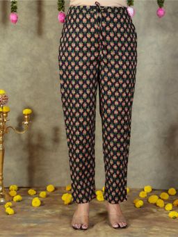 ARAMYA - Black Soft Cotton Floral Pant for Women