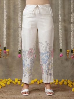 ARAMYA - White Linen Cotton Placement Print Pant for Women