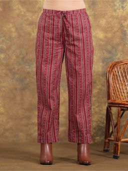 ARAMYA - Maroon Soft Cotton Striped Pant for Women