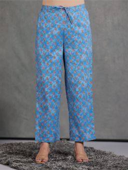 ARAMYA - Blue Soft Cotton Floral Pant for Women
