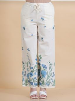 ARAMYA - White Linen Cotton Placement Print Palazzo for Women