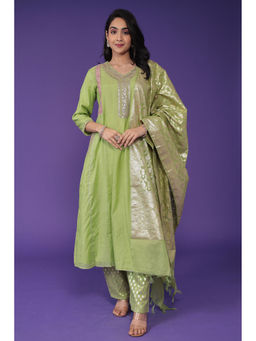 Zari Jaipur - Womens Green Embroidery Kurta with Pant and Dupatta (Set of 3)