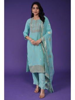 Zari Jaipur - Womens Blue Embroidery Kurta with Pant and Dupatta (Set of 3)