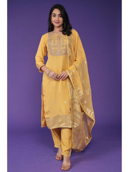 Zari Jaipur - Womens Yellow Embroidery Kurta with Pant and Dupatta (Set of 3)