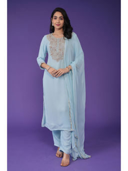 Zari Jaipur - Womens Blue Embroidery Kurta with Pant and Dupatta (Set of 3)