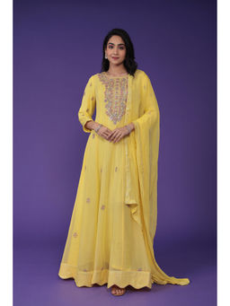 Zari Jaipur - Womens Yellow Embroidery Anarkali Kurta and Dupatta (Set of 2)
