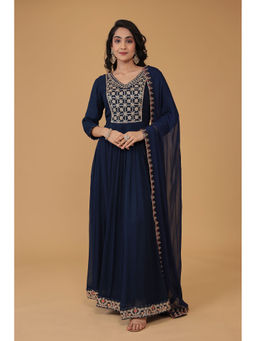 Zari Jaipur - Womens Navy Blue Embroidery Anarkali Kurta with Dupatta (Set of 2)