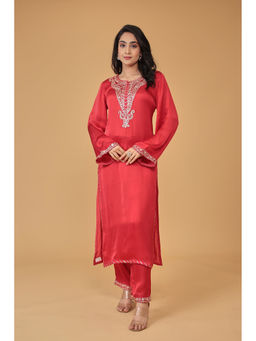 Zari Jaipur - Womens Red Embroidery Kurta and Pant (Set of 2)