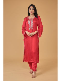 Zari Jaipur - Womens Red Embroidery Kurta and Pant (Set of 2)