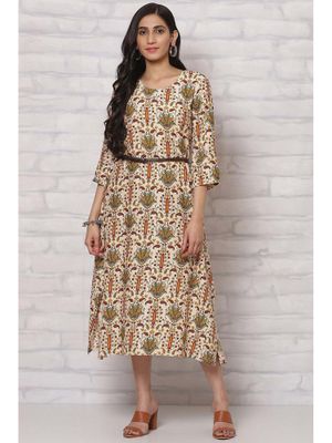 Rangriti Cream Viscose Rayon A Line Dress