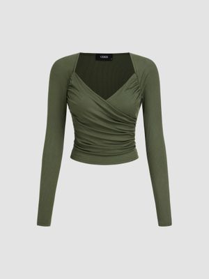 Cider Green Sweetheart Neck Solid Long Sleeve Top