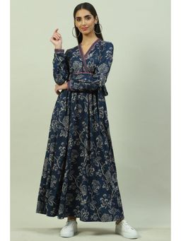 Biba - Navy Blue Printed Ethnic Dress with Belt (Set of 2)