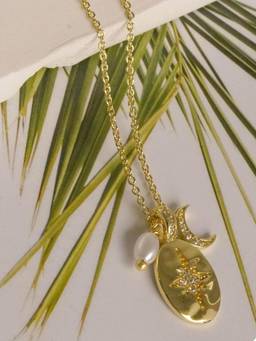 AQUASTREET - 14K Gold Plated Star and Moon Pendant Necklace, Anti-Tarnish Copper Jewelry