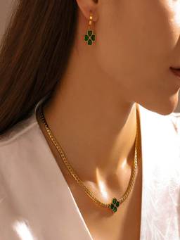 AQUASTREET - 18K Plated Anti-Tarnish Emerald Green Zircon Clover Necklace & Earrings Set