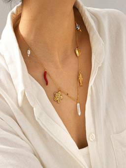 AQUASTREET - Anti-Tarnish Waterproof 18K Gold Plated Pearl & Charms Pendant Necklace