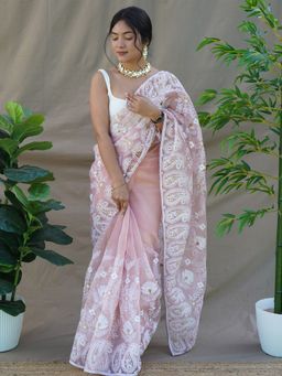 Odette - Nude Embroidered Organza Silk Saree with Unstitched Blouse