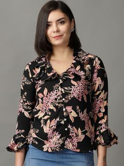 SHOWOFF - Womens Long Sleeves V-Neck Black Printed Shirt