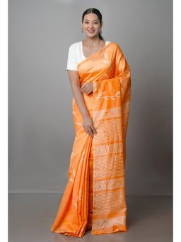 Unnati Silks - Orange Pure Block Printed Chanderi Sico Saree with Unstitched Blouse