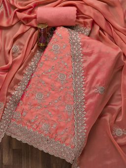 Koskii - Peach Embroidered Satin Unstitched Salwar Suit (Set of Three)