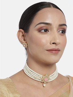I Jewels - Gold Plated Traditional Stone Pearl Choker Necklace Jewellery Set (ML261Pi)