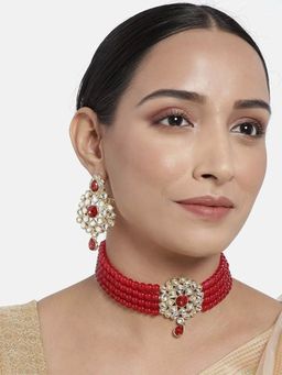 I Jewels - Gold Plated Traditional Kundan with Beads Choker Necklace Jewellery Set (ML265M)